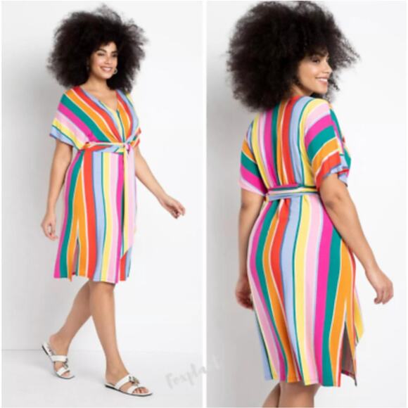 ELOQUII Dress Size 26 Stripe Curvy Plus Wrap Super Stretchy Candy Rainbow NWT - Picture 1 of 14